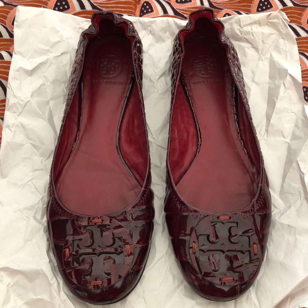 Tory Burch Reva Flats- Burgundy Patent Croc